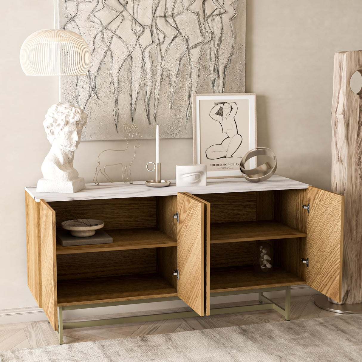 roomfitters Mid Century Modern TV Stand for TVs up to 65", Herringbone Sideboard Buffet Cabinet Credenza, Marble Top Media Console, Boho Entertainment Center for Living Room, Entryway (Oak Wood) roomfitters