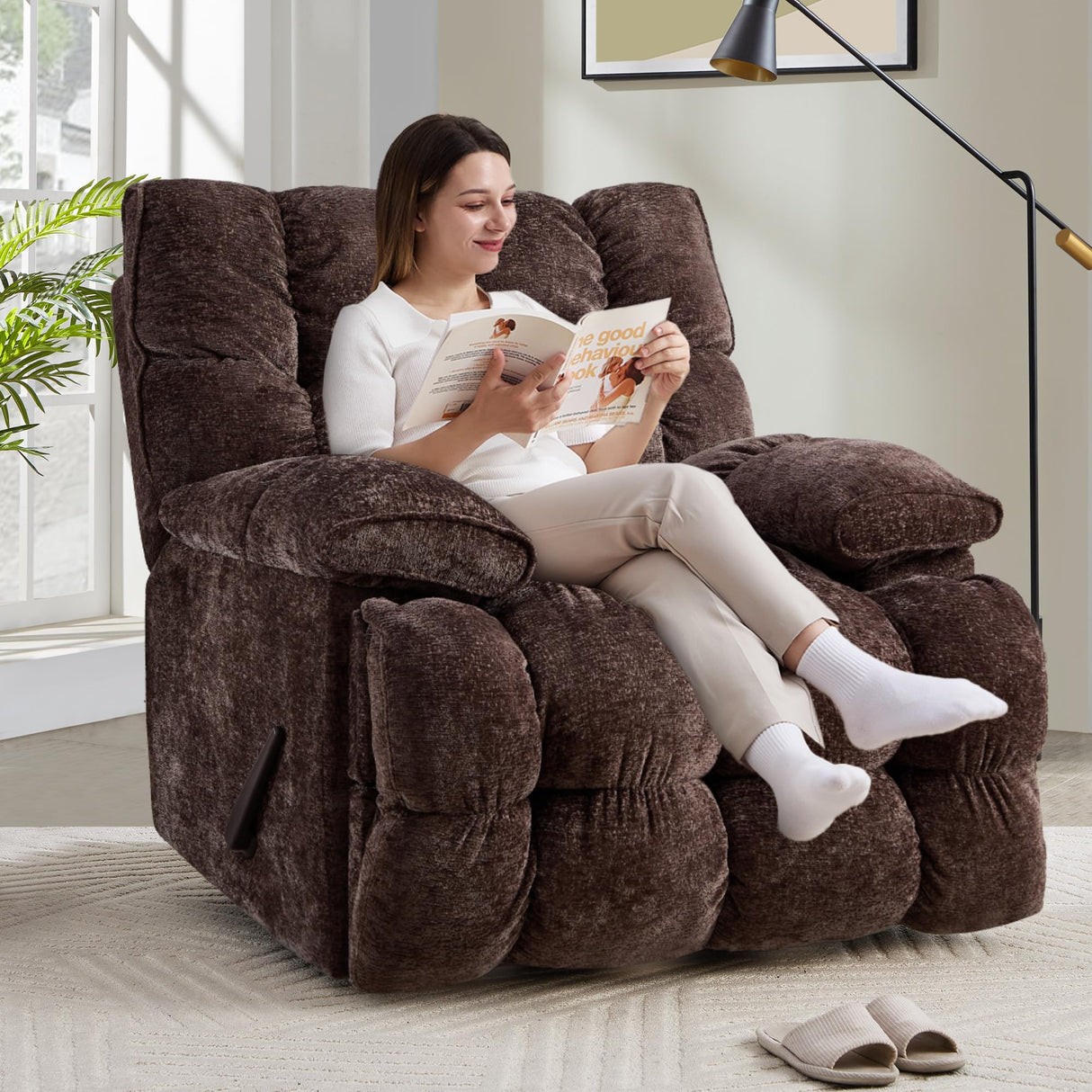 VIKAYAMICS Oversized Rocker Recliner Chair 42” Power Swivel Recliner for Living Room Overstuffed Extra Wide Rocking Recliners with Breathable Soft Fabric Up to 400lbs(Manual Brown) VIKAYAMICS