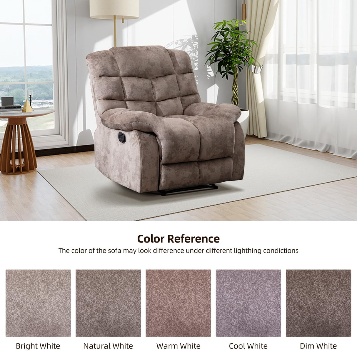 EBELLO Manual Recliner Chair, Overstuffed Reclining Sofa with Soft Padded Headrest and Armrest, Soft Fabric Single Couch for Living Room, Light Brown EBELLO