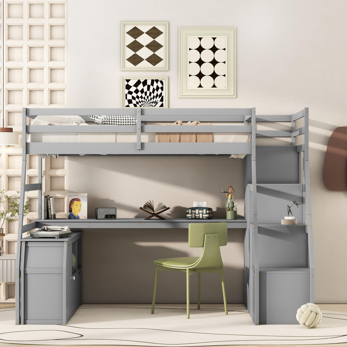 Twin Loft Bed with Storage Stairs and Desk - Bellemave Grey Wood Frame for Kids and Teens Bellemave