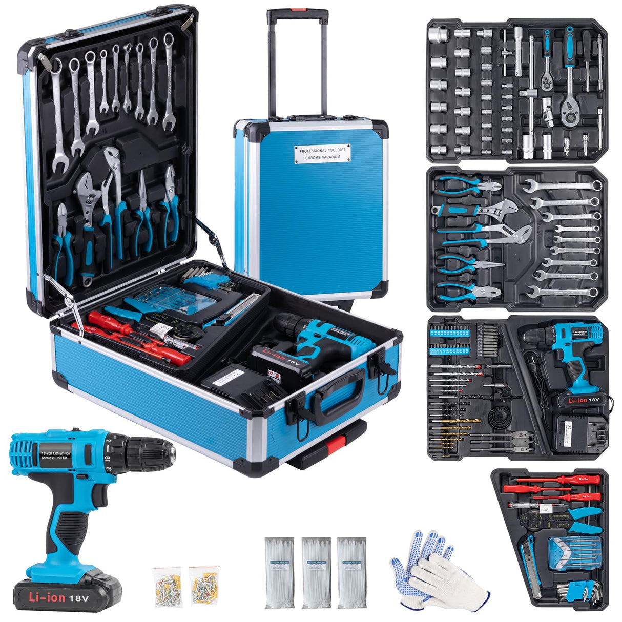 346 Pcs Tool Sets,18V Electric Power Drill Set, Cordless Drill for Men, Household Home DIY Hand Tool Kits,18+1 Clutch Cordless Power Drill Set for Thanksgiving, Christmas,Father's Day (Blue) Arcwares