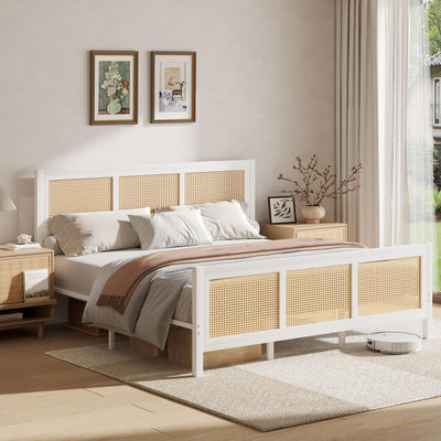 CHABUILDREARK Rattan Bed Frame, Boho King Bed Frame and Headboard, Metal Platform King Size Bed Frame with Strong Slats Support, No Box Spring Needed, Noise-Free, Easy Assembly, White