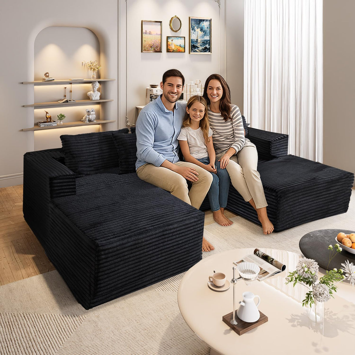 NNSNG 110" U Shaped Boneless Couches for Living Room with 2 Movable Ottomans,5 Seats Modular Cloud Sectional Couch Sofa(Black) NNSNG