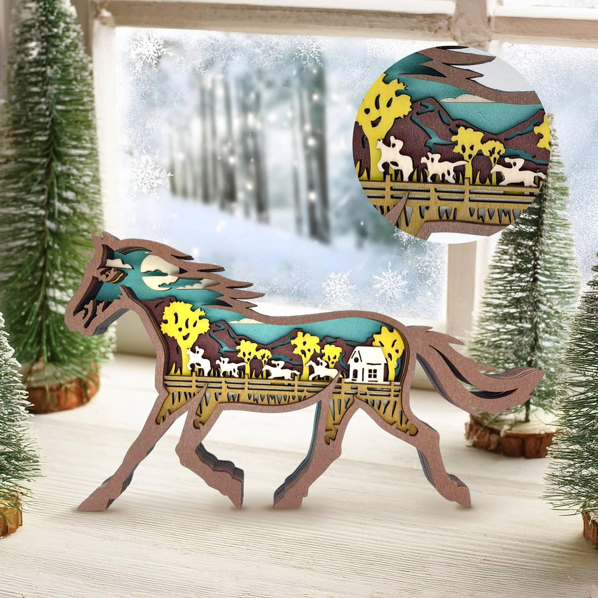 Drawelry 3D Wood Carving Animals Lamp - Creative Bear Elk Wooden Sculpture Ornaments Home Living Room Office Decorative Warm LED Night Light Christmas Birthday Gifts for Friend Son Dad (Horse) Drawelry