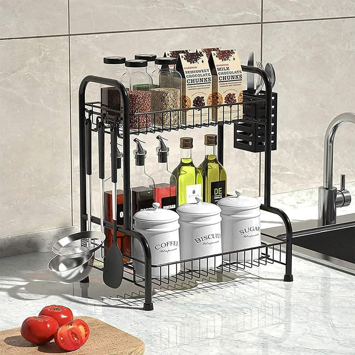 Bathroom Countertop Organizer With Toiletries Basket, 2 Tier Bathroom Counter Storage Rack with Adjustable Feetpad, No-Screw Caddy Stand for Vanity, Sturdy Metal Wire Black, Medium 12.8''L x 7.2''W USHARP