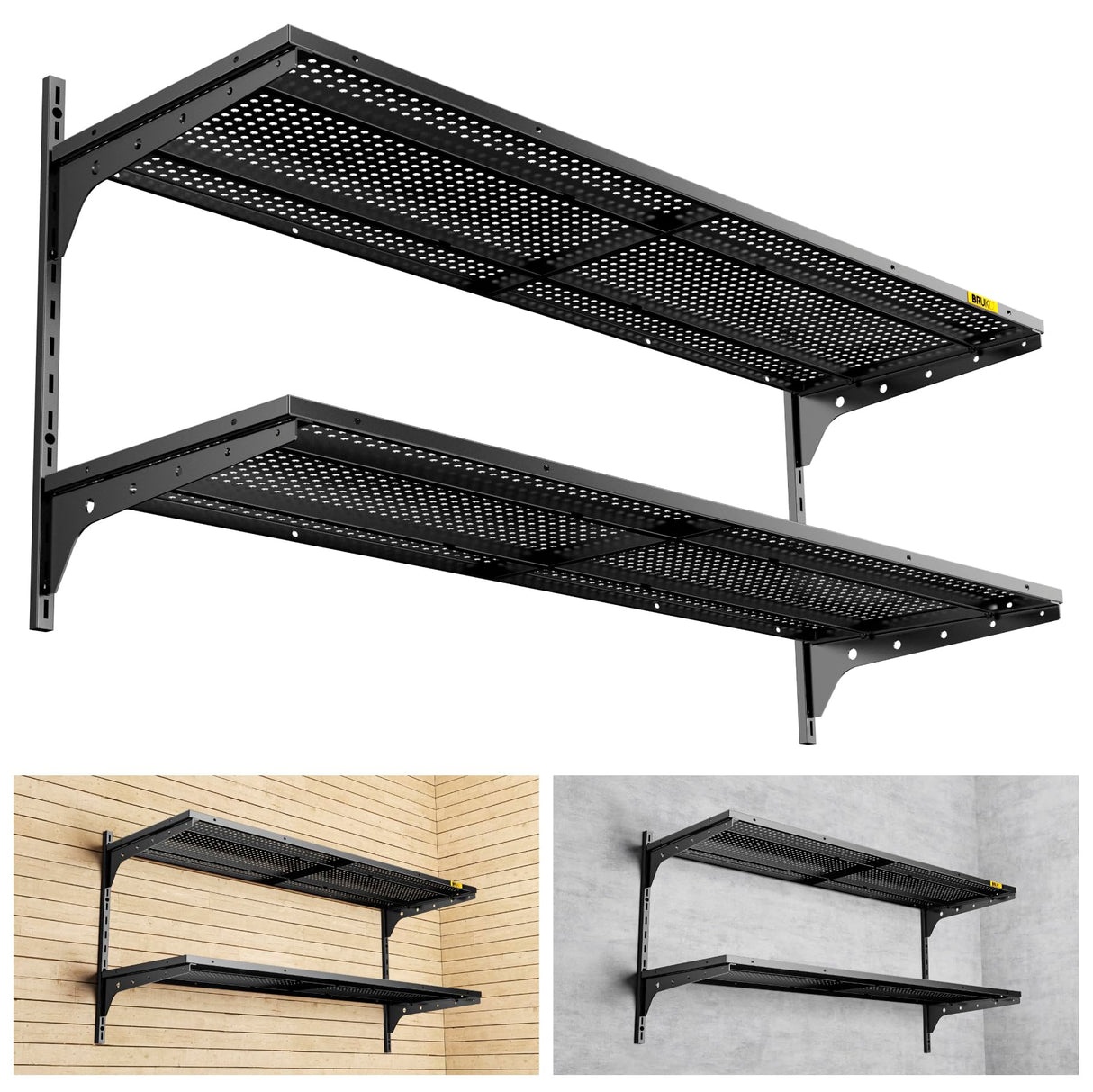 Brukid 2 Tier 1.3x4ft Garage Shelving Wall Mounted, 400 lbs Load Capacity,15.6x48inch per Shelf Height Cassette Adjustable Floating Shelves(Black) Brukid