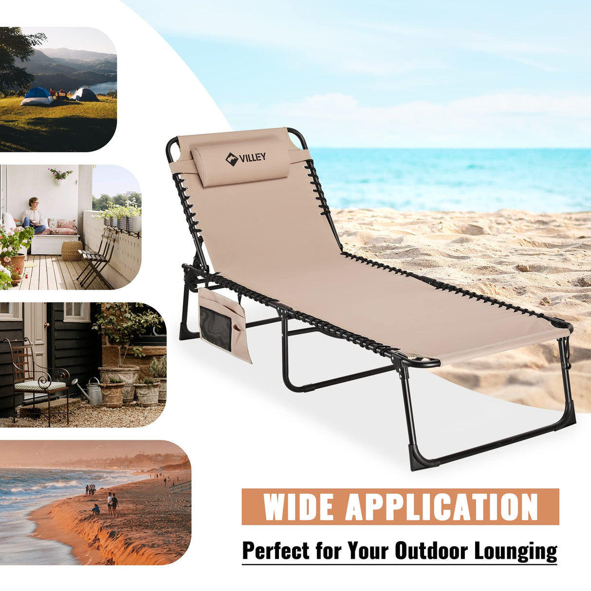 VILLEY Oversize Chaise Lounge Outdoor, Heavy-Duty Folding Lounge Chair for Outside, Portable Trifold Beach Lounger with 5 Adjustable Positions for Outdoor, Patio, Beach, Lawn, Backyard, Camping -Beige VILLEY