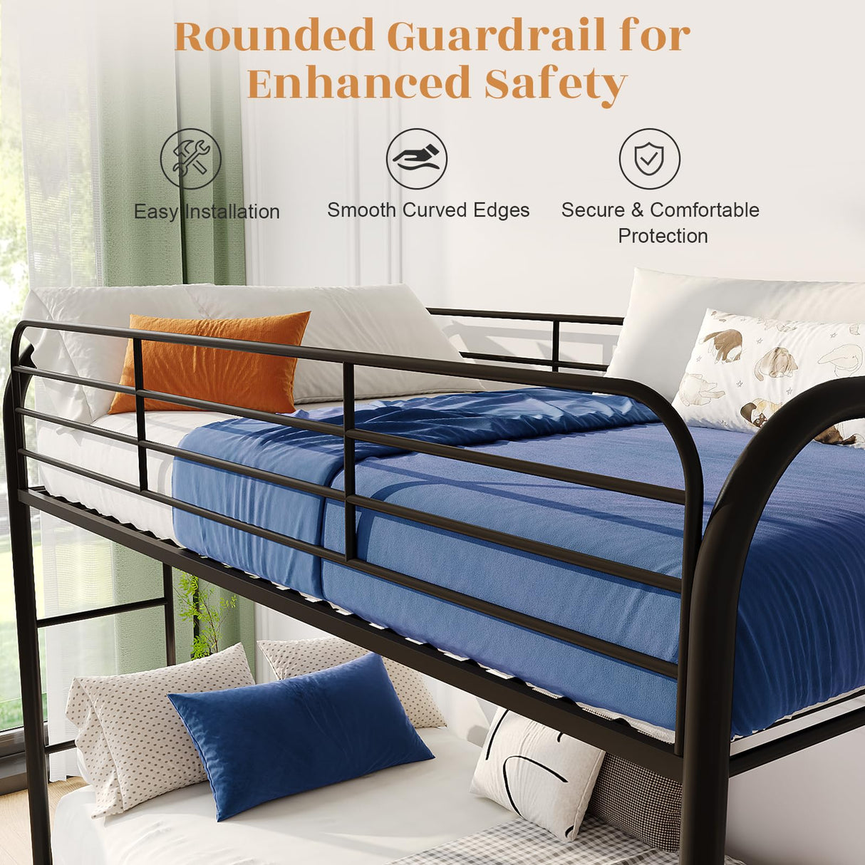 YIORTWO Metal Bunk Bed Twin Over Twin, Modern Style Bunk Bed with Curved Edges Safe Guardrail for Small Space, Loft Bed for Adults Kids Teens, Noise Free, No Box Spring Needed, Black YIORTWO