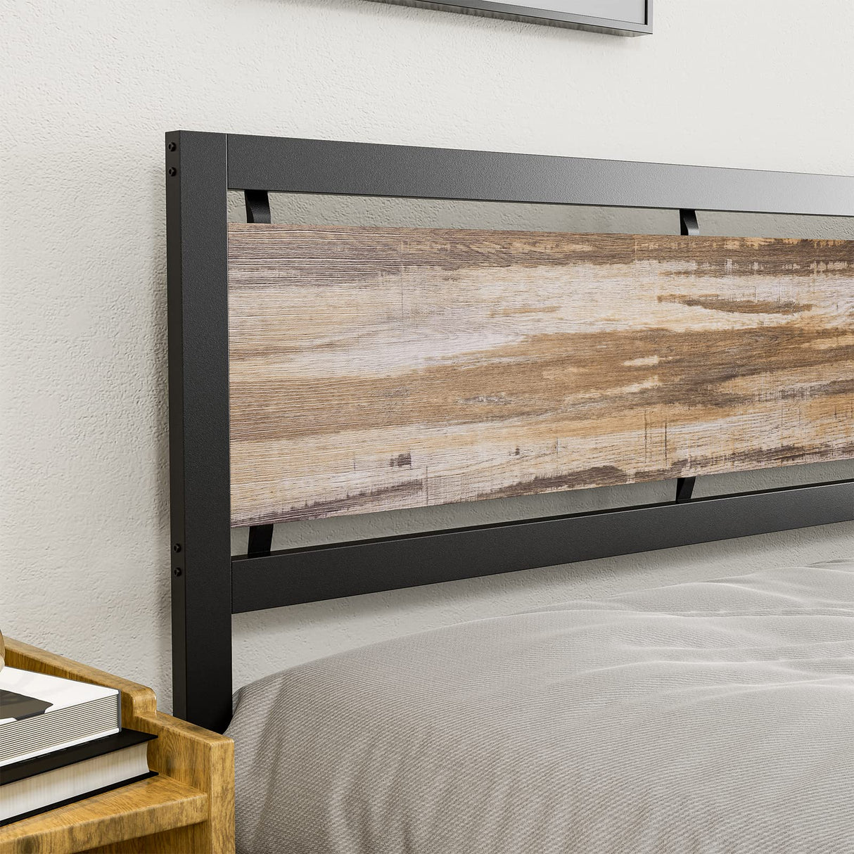 IKIFLY California King Size Industrial Metal Bed Frame with Wooden Headboard and Footboard IKIFLY