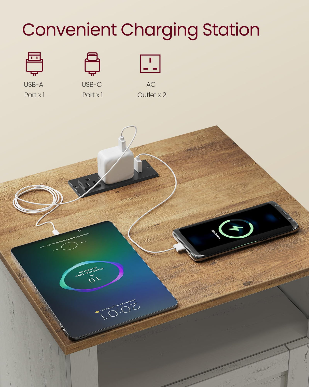 VASAGLE LIRY Collection - Farmhouse Nightstands with Charging Station, Set of 2 Bedside Tables, Side Tables with 2 Drawers, Open Compartment, for Bedroom, Rustic White and Honey Brown ULET869W01 VASAGLE