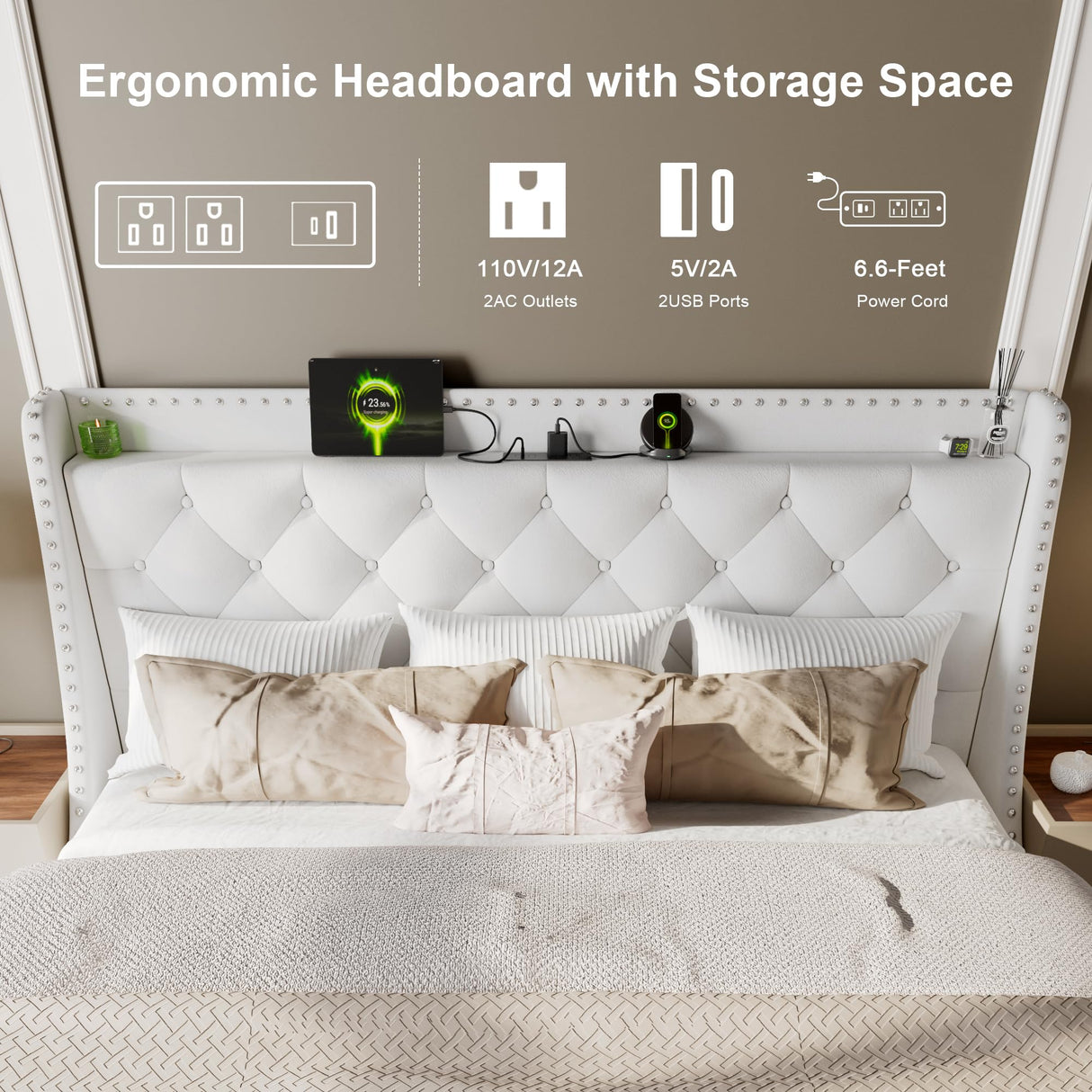 Feonase King Size Bed Frame with Velvet Luxury Wingback and Fast Charging Station,King Upholstered Button Tufted Storage Headboard Platform Bed,Sturdy Wooden Slats Support,Easy Assembly,White Feonase