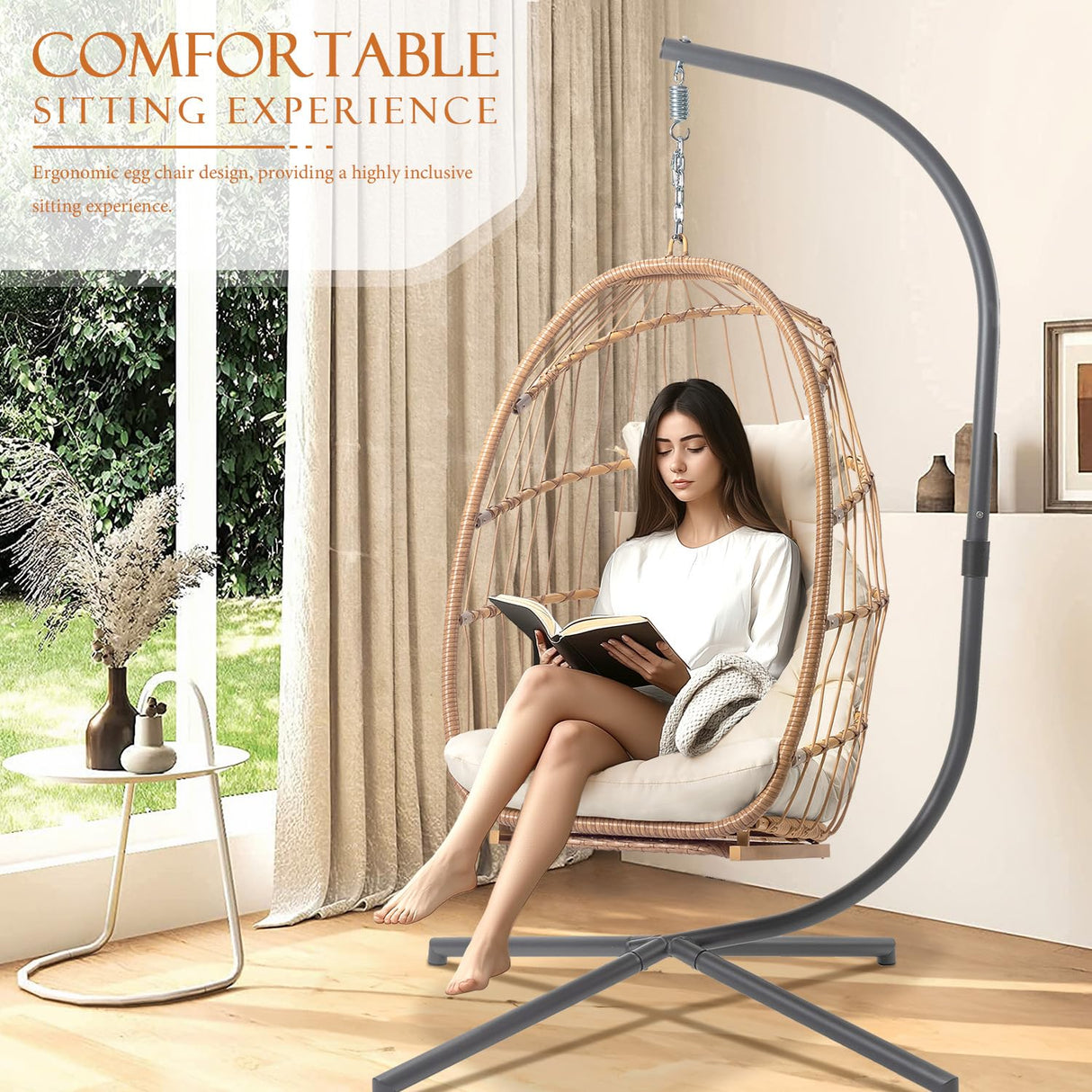 Hanging Egg Chair with Stand and Footrest for Indoor Outdoor - Patio Swing Egg Chairs Wicker Hammock Chair Bedroom, Aluminum Steel Frame and UV Resistant Cushion 370LBS Capacity for Kids Adults, Beige XIAO WEI