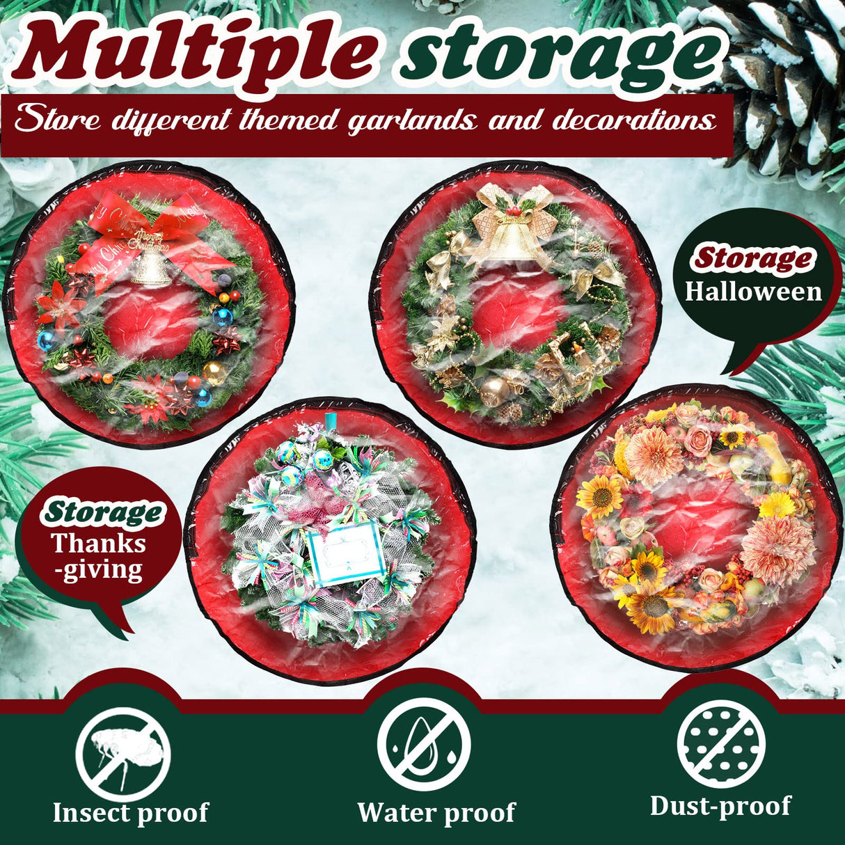 Dunzy 8 Pieces Wreath Container Christmas Wreath Storage Bag Garland Tear Resistant Fabric Round Boxes with Clear Window for Storage for Xmas Holiday Ornament(24×24×7.8 Inch,Red) Dunzy