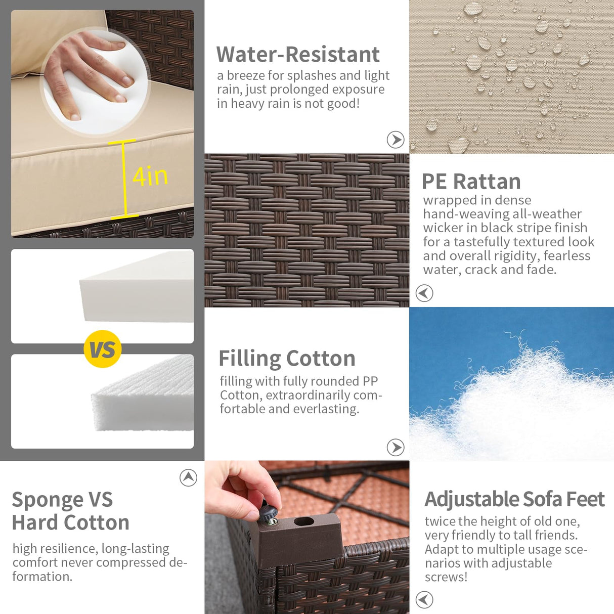 Rattaner Patio Furniture 3-seat Sofa Wicker Outdoor Furniture Outdoor Couch Deep Seat Hight Backrest Waterproof Cover Anti-Slip Cushions, Khaki Rattaner