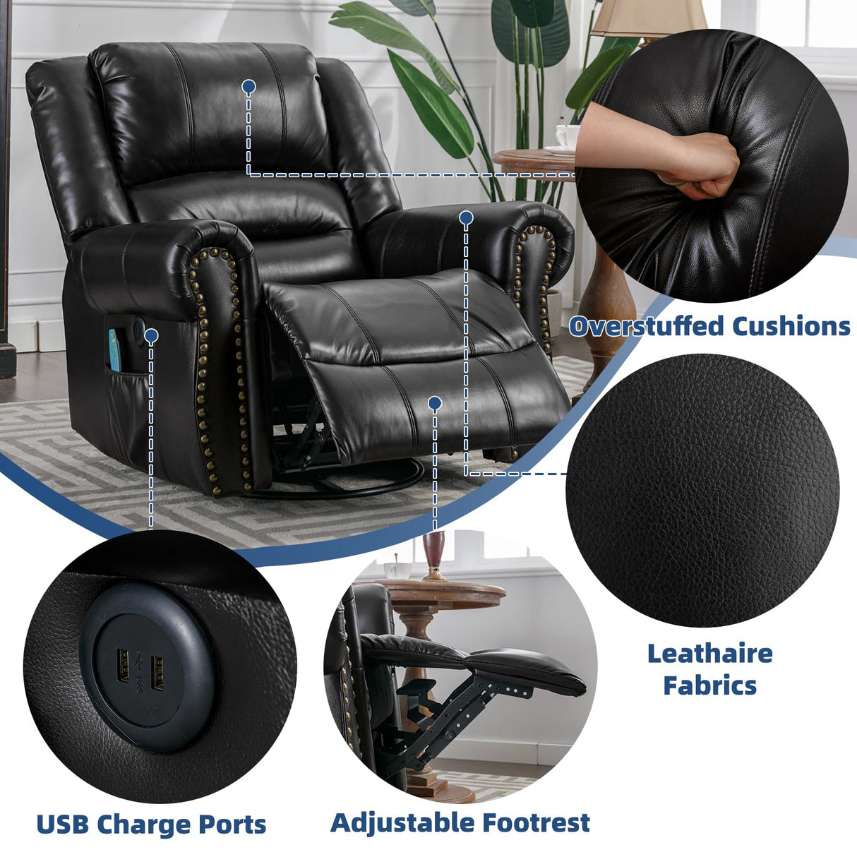 SOCIALCOMFY Swivel Rocker Recliner Chair with Heat and Vibration, 360° Swivel Glider Rocker Manual Reclining Chair, Massage Rocking Recliners with Side Pockets & USB Ports for Living Room, Black SOCIALCOMFY