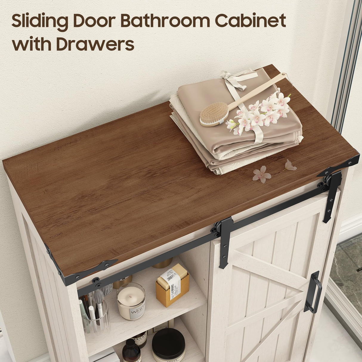 Befrases Farmhouse Bathroom Storage Cabinet, Bathroom Cabinet with 4 Drawers and Sliding Door, Farmhouse Floor Storage Organizer for Kitchen, Living Room, Rustic Style, White Befrases