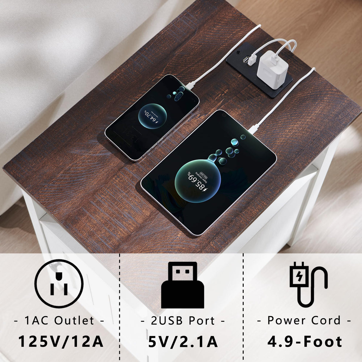 IFGET Farmhouse Nightstand Set of 2, End Table with Charging Station, Rustic Side Table w/Barn Door & Open Shelves, Bedside Table w/Storage Space and Storage Cabinet for Bedroom, Living Room (White) IFGET