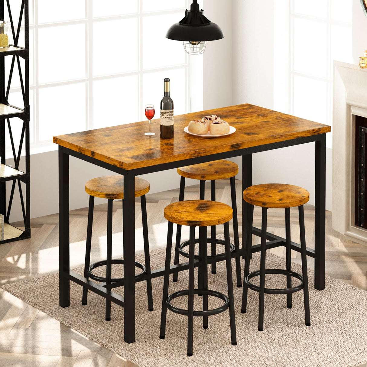 AWQM Bar Table and Chairs Set Industrial Counter Height Pub Table with 4 Chairs Bar Table Set 5 Pieces Dining Table Set Home Kitchen Breakfast Table, Rustic Brown AWQM