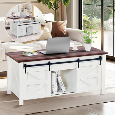 Redlife Lift Top Coffee Table, Coffee Table with Storage, 47" White Coffee Table with Lifting Top, Lifting Tabletop with Sliding Barn Door for Living Room, Office, Farmhouse Coffee Table