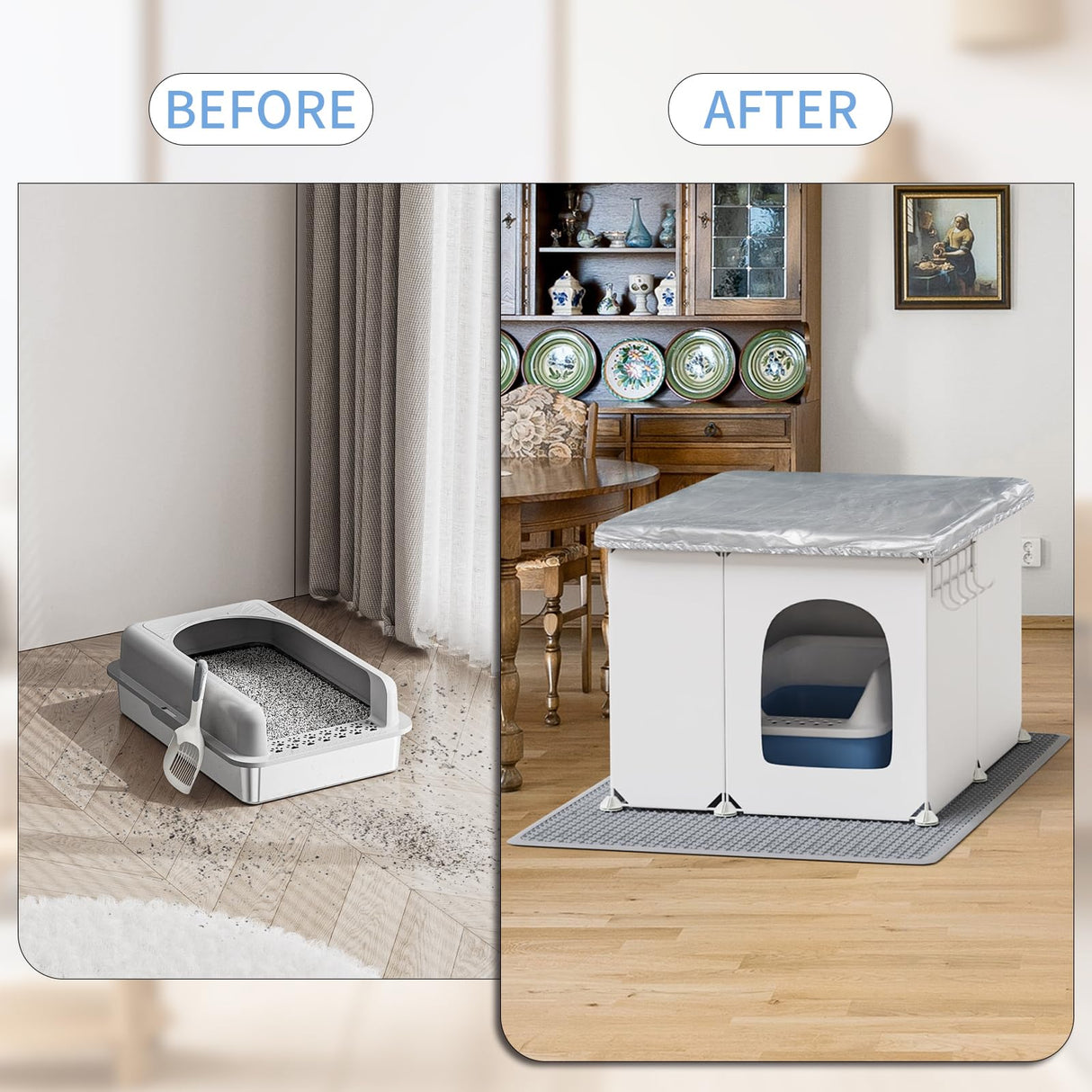 Cat Litter Box Enclosure, Large Cat Toilet Splash Guard Without Leakage (24"L × 18.9"W × 16.5"H) Foldable Litter Tray Screen with Non-Slip Mats & Dust Cover, Pet Bathroom Pee Shields (No Litter Box) Acools