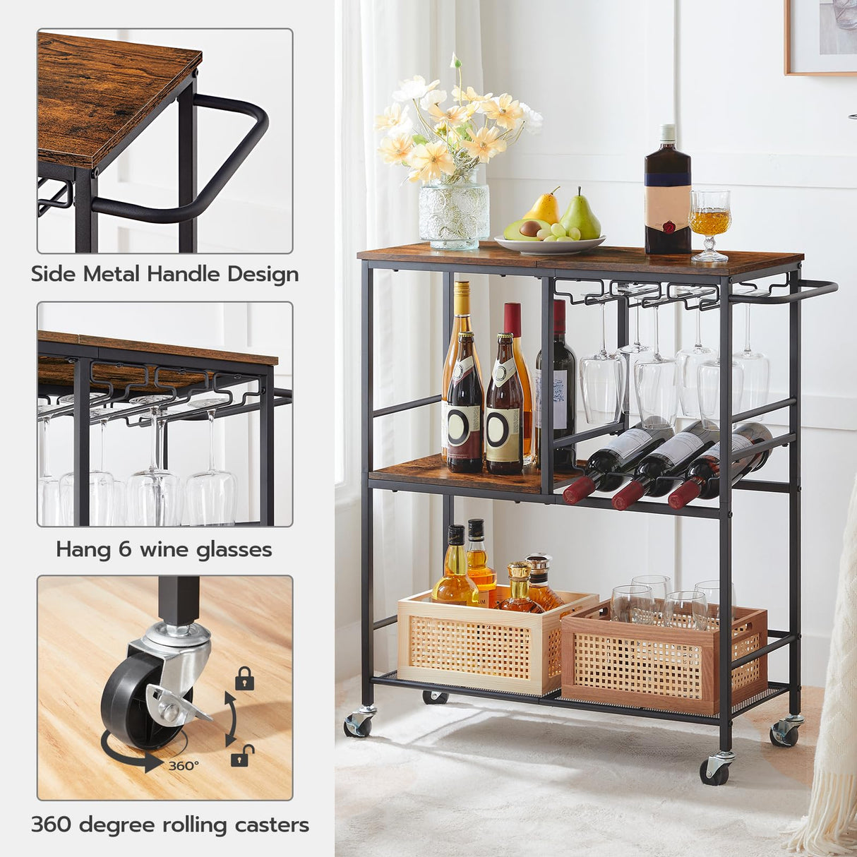 HOOBRO Bar Cart for The Home, 29.5 inches 3-Tier Serving Cart with Wheels, Rolling Kitchen Cart with Wine Rack and Glass Holder for Living Room, Party, Bar, Rustic Brown and Black BF21TC01G1 HOOBRO