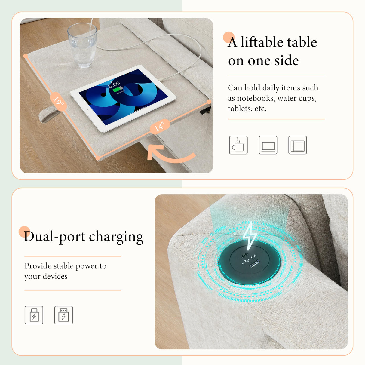 Ball & Cast Oversized Modular L Shaped Sectional Sofa W/Movable Ottoman and USB Ports,5 Seater Chenille Couch W/ 2 Armrest Pillows,Side Pocket & Folding Table,for Living Room,Apartment,Beige,130" Ball & Cast