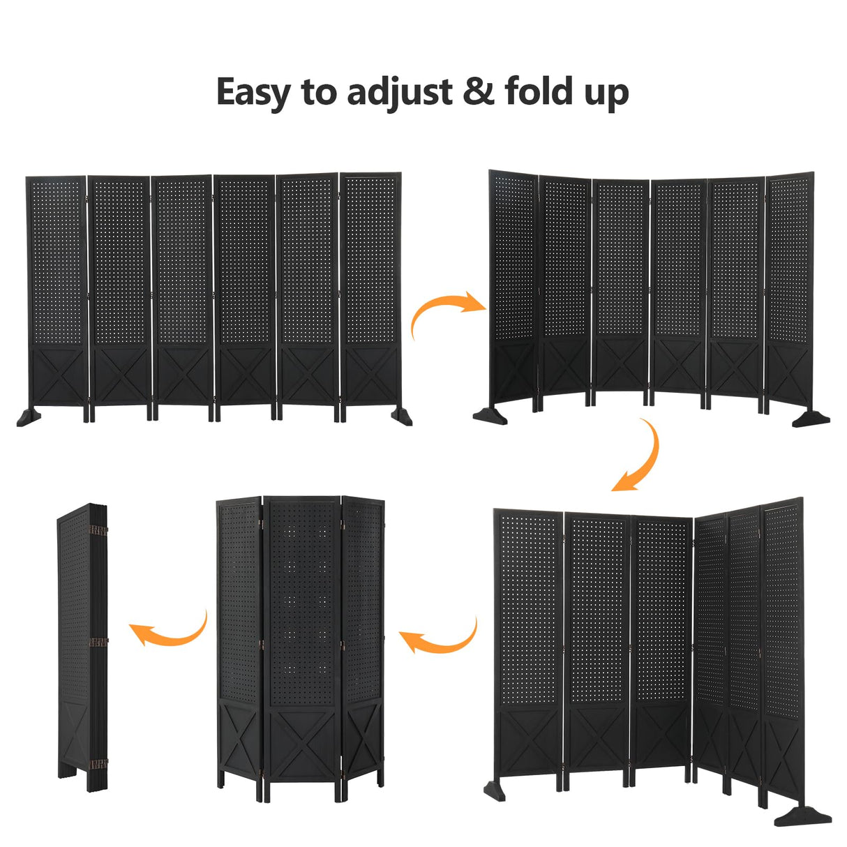 VINGLI Freestanding Pegboard with Support Feet, 5 FT Wood Room Divider Display Board Organizer, Folding Privacy Screen Partition Space Separator for Craft Shows Events Retail (Black, 6 Panel) VINGLI