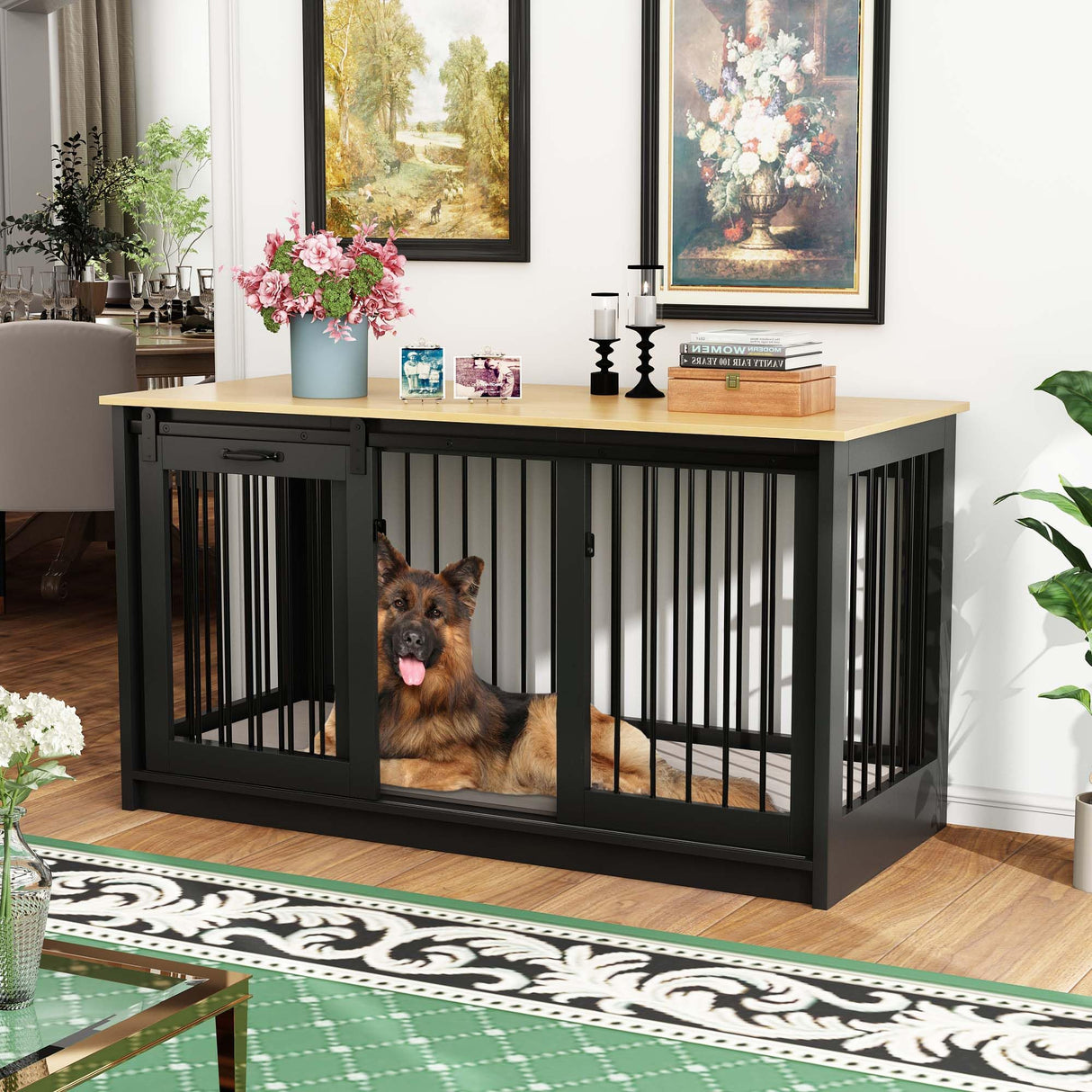 DAWNSPACES Extra Large Dog Crate Furniture, 55" Indoor Heavy Duty Dog Kennel House with Sliding Doors, Furniture Style Dog Crate Table Side End Table TV Stand for XL Large Medium Breed Dogs, Black DAWNSPACES