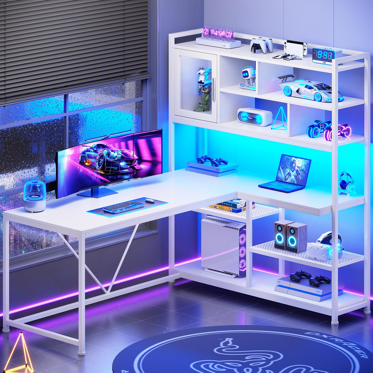 SEDETA L Shaped Computer Desk, 58'' Office Desk with LED Light and Bookshelf, L Shaped Corner Desk with Storage Shelves for Home Office, Gaming Desk, L Desk, White SEDETA