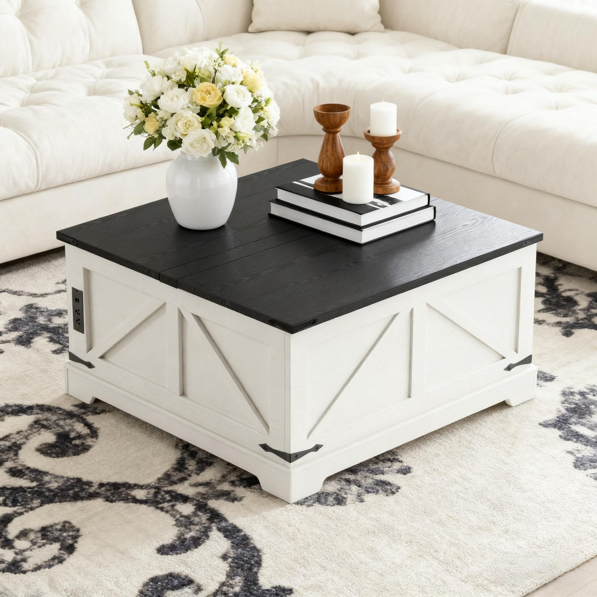 Vabches 31.5" Lift Top Coffee Table with Storage, Farmhouse Square Coffee Tables for Living Room, Center Table with Charging Station and Hidden Space, White Vabches