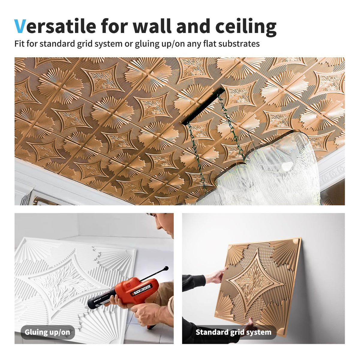 Art3d Drop Ceiling Tiles 24x24 in Bronze (12-Pack, 48 Sq.ft), 3D Wainscoting Panels Glue Up 2x2 Art3d