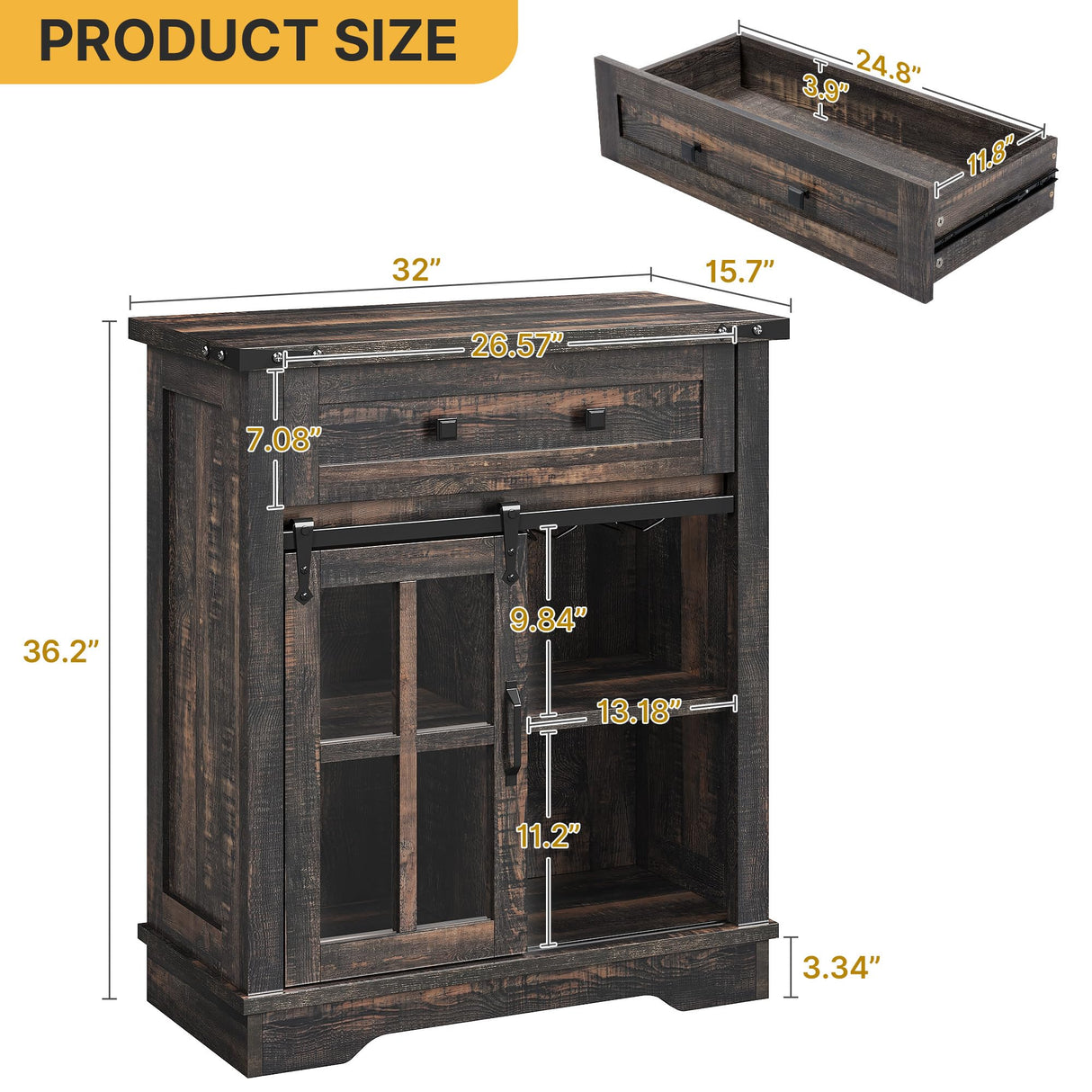 DWVO Farmhouse Coffee Bar Cabinet, 32” Sideboard Buffet Cabinet with Drawer & Adjustable Storage Shelves, Storage Cabinet with Sliding Barn Door for Kitchen and Living Room, Dark Rustic Oak DWVO