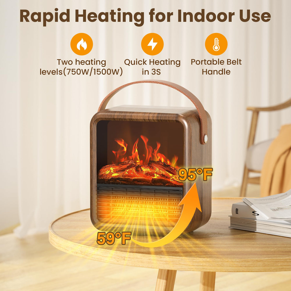 Riseon Small Portable Space Heater for Indoor use with Realistic 3D Flame, Mini Electric Fireplace Heater with Thermostat, 1500W/750W PTC Ceramic Heating, Tip-Over Safety Switch, Walnut Riseon