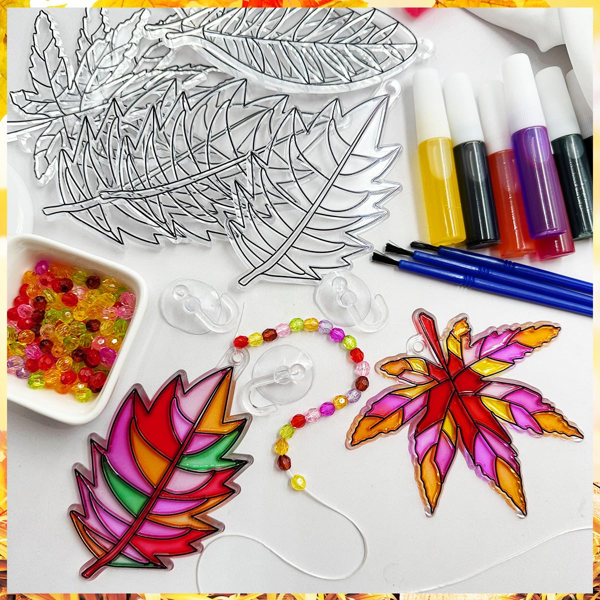 Suncatcher Kit 32 Sets Fall Leaf Suncatchers Window Art Paint Sun Catcher DIY Craft Kits Autumn Maple Leaf Sun Catchers Bulk for Classroom Thanksgiving Harvest Party Art Project Decoration AUEKIV