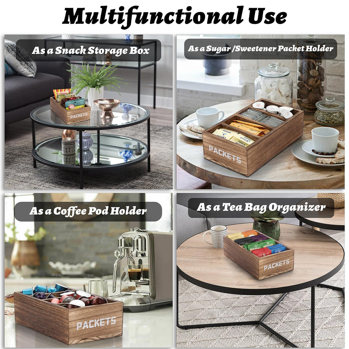 BSTKEY Seasoning Packet Organizer, Food Packet Storage Organizer with 4 Compartments, Wooden Storage Caddy for Kitchen Pantry Cabinet, Farmhouse Kitchen Organization Bins for Snacks Spice Packets BSTKEY