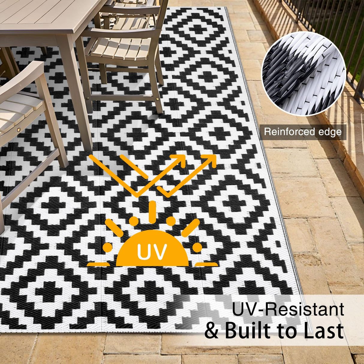 OLANLY Waterproof Outdoor Rug 5x8 ft, Outdoor Plastic Straw Rug for Camping, RV Mat Outside, Indoor Outdoor Carpet for Porch, Deck, Backyard, Balcony, Picnic, Black & White OLANLY