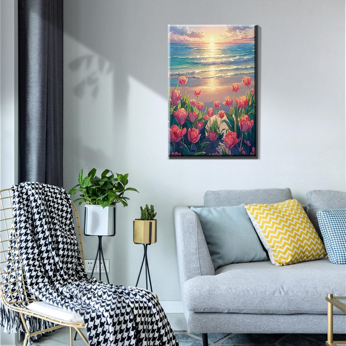 JOOZ Paint by Numbers Kit for Adults with Frame, Flowers Paint by Numbers for Adults, Seaside Sunset Paint by Number with Easel, DIY Tulip Oil Painting Kit for Home Wall Decor 8 x 12 Inch JOOZ