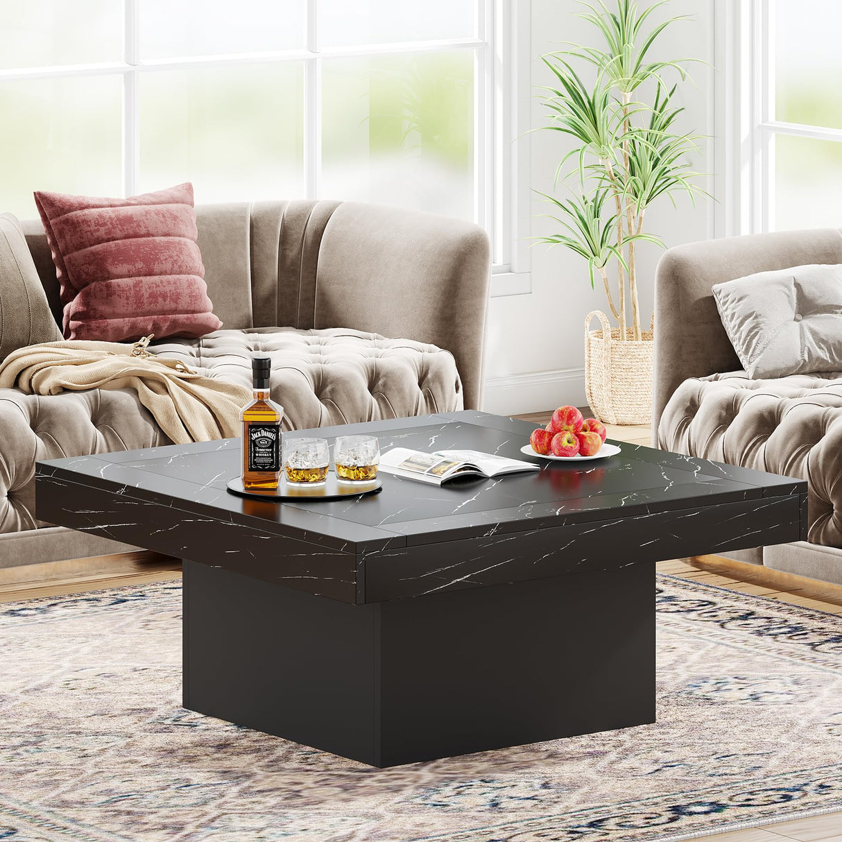 Tribesigns Coffee Table Square LED Coffee Table Engineered Wood Low Coffee Table for Living Room (Faux Marble Black+Black) Tribesigns