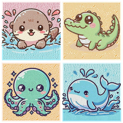 Canrichshop 4 Pack Cartoon 5D Diamond Painting for Kids,Cute Marine Animals DIY Painting Art Kit for Kids Ages 4-8-12 Mosaic Kits,Diamond Art Kid Present,Gem Paintings Full Drill 6x6 Inch