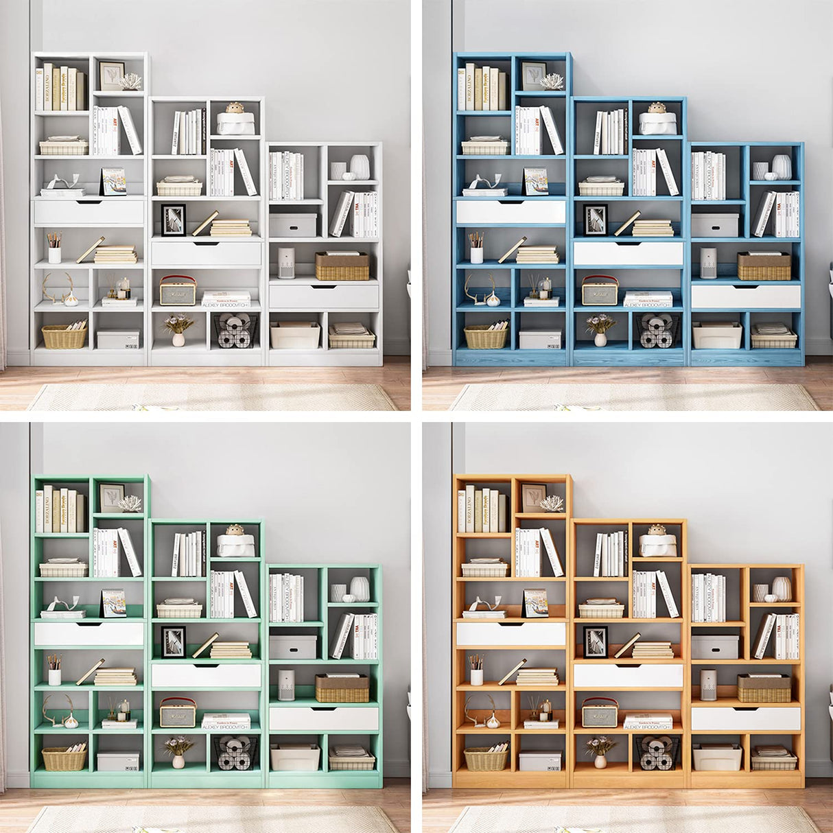 IOTXY Wooden Open Shelf Bookcase - 61 Inches Height Freestanding Display Storage Cabinet Organizer with 8 Cubes and a Drawer, Floor Standing Bookshelf in Tiffany-Green IOTXY