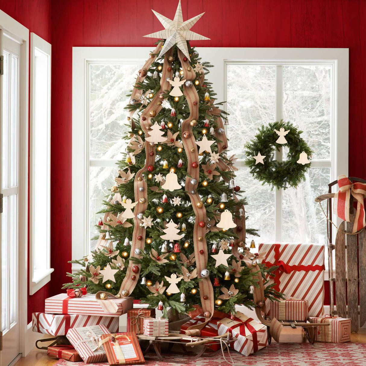 MACTING 27PCS Wooden Christmas Ornaments Unfinished Predrilled Natural Wood Slices DIY Blank Hanging Ornaments Kit for Crafts Centerpieces Christmas Tree Decorations, 9 Styles MACTING