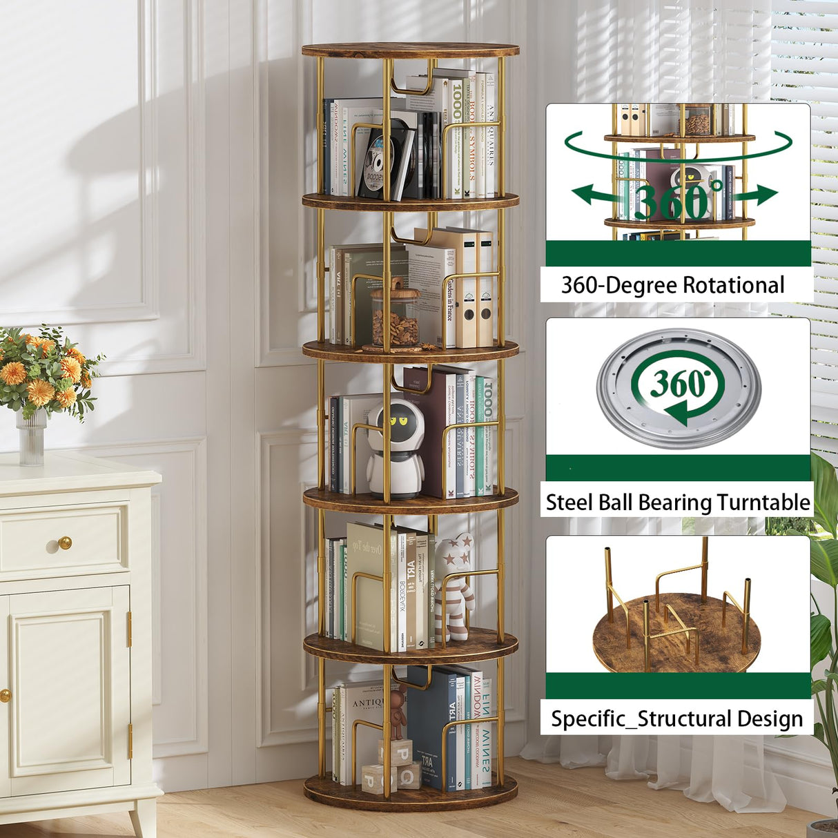 5Tier Rotating Bookshelf, 360 ° Display Stackable Spinning Bookshelf Tower, Narrow Space Saving Tall Floor Standing Swivel Bookcase Corner Storage Organizer for Bedroom/Living Room/Office,Gold swlongbooks