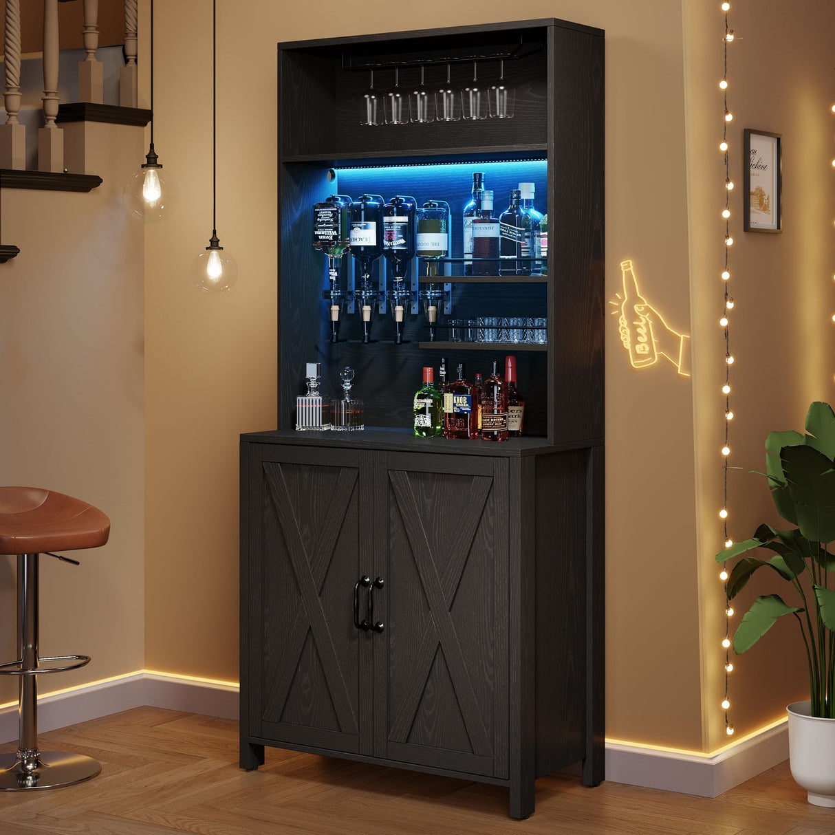 DWVO Farmhouse Bar Cabinet w/LED Lights, 71" Tall Wine Bar Cabinet for Liquor & Glasses, 4-Bottle Liquor Dispenser & Wine Rack, Kitchen Cabinet w/Storage, Black DWVO