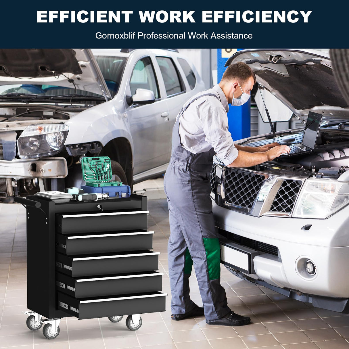 Gornoxblif 5-Drawers Black Metal Rolling Tool Chest with Wheels,Tool Storage Cabinet with Locking System,Toolbox with Wheels for Garage, Warehouse, Workshop, Repair Shop Gornoxblif