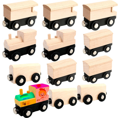 Hoarost 12 Pcs Unpainted Magnetic Wooden Trains Paintable Wood Train Wooden Railway for Birthday Party Favors Crafts Gifts Educational Toys
