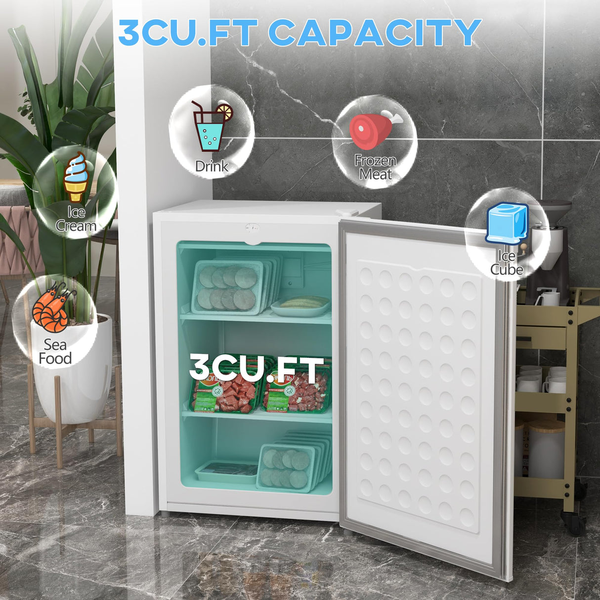 HOMCOM Upright Freezer, 3.0 Cubic Feet Compact Mini Freezer with Reversible Single Door and Adjustable Thermostat, Small freezer for Home, Dorm, Apartment, Home Office, White HOMCOM