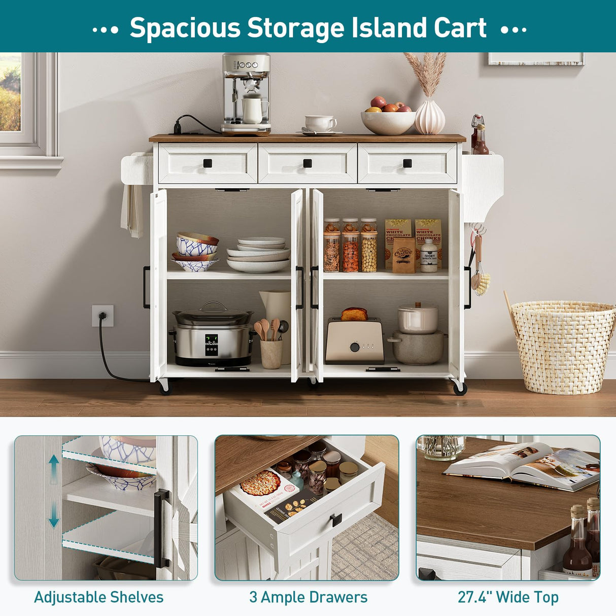 RALGEND Kitchen Island with Drop Leaf, Kitchen Cart with Charging Station, Kitchen Table with Storage, Rolling Island Table with 3 Drawers, Towel Rack and Spice Rack, White and Walnut RALGEND
