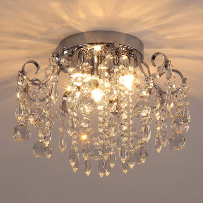 Q&S Small Crystal Chandelier Flush Mount Ceiling Light 3 Lights Modern Chrome Iron Raindrop Crystal Ceiling Fixture for Bedroom Hallway Closet Entryway Stairs