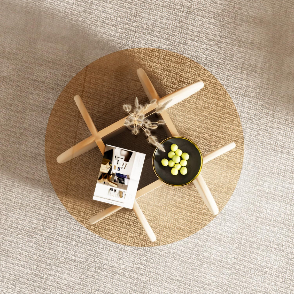 Glass Coffee Table, Mid Century Modern Design, 31.5'' Modern Round Tempered Glass Coffee Tables for Living Room, Cocktail Table for Small Space Home Office. (White + Brown) Yaruifnt