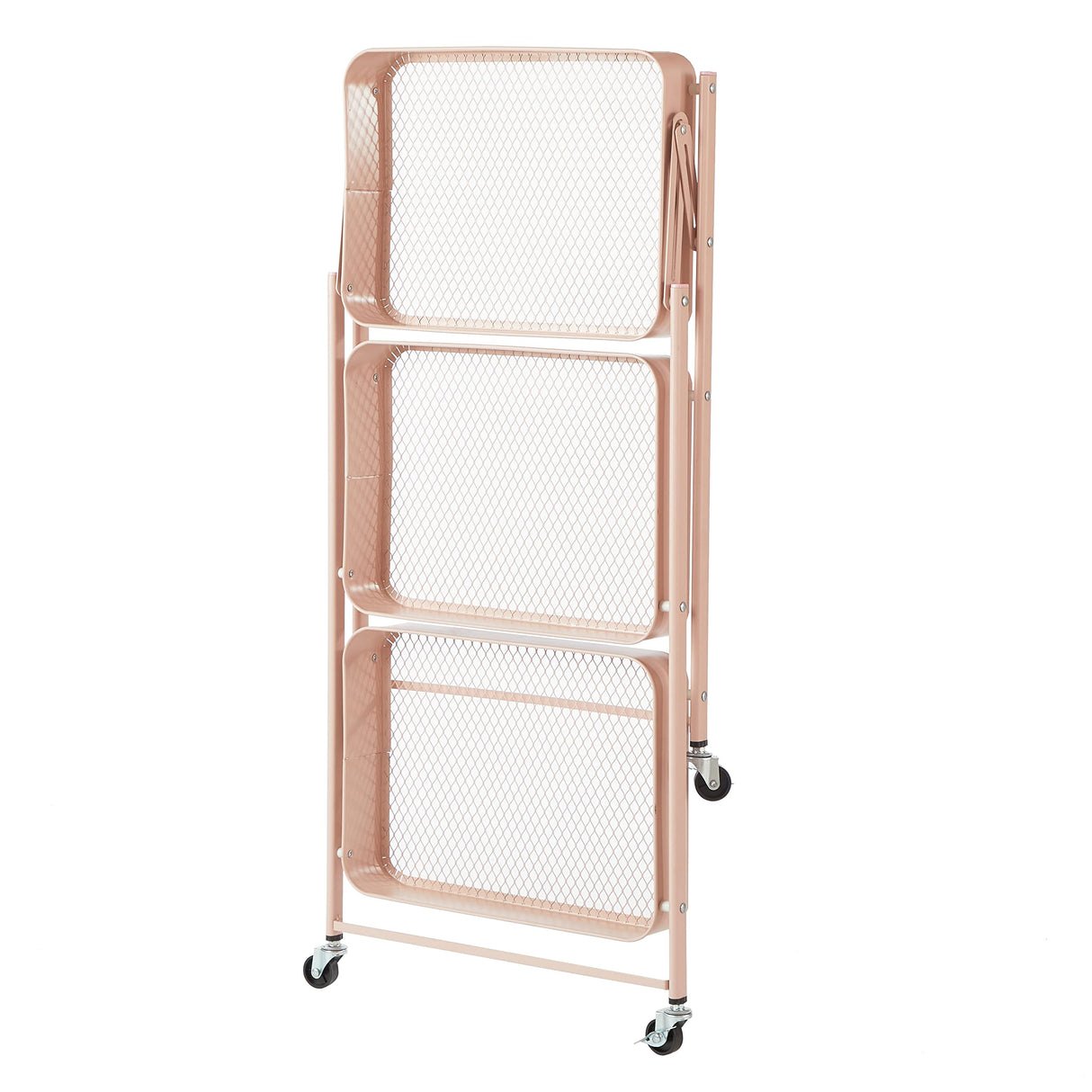 Urban Lifestyle 3 Tier Foldable Metal Rolling Storage Utility Cart, No Tools Assembly, Blush Urban Lifestyle